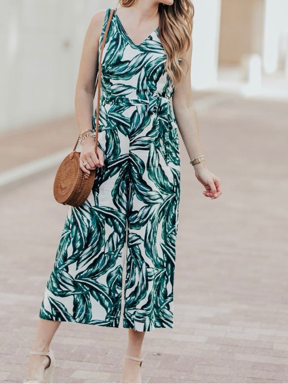 Whowhatwear Tropical Leaf Print Linen Wide Leg Open Back Jumpsuit